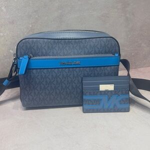 Michael Kors Cooper Utility Messenger & Card Holder Denim Multi Unisex Blue Logo